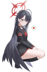 Rule 34 | 1girl, absurdres, black eyes, black hair, black serafuku, black shirt, black skirt, black socks, black wings, blue archive, blush, breasts, feathered wings, full body, grin, hair ornament, hairclip, halo, heart, highres, ichika (blue archive), long hair, looking at viewer, low wings, one eye closed, oyasumisan01, red halo, school uniform, serafuku, shirt, simple background, skirt, small breasts, smile, socks, solo, spoken heart, white background, wings