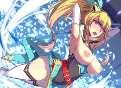 Rule 34 | 1girl, armpits, arms behind head, belt, blonde hair, breasts, breasts out, censored, detached sleeves, dragalia lost, elisanne, hair ornament, lao meng, large breasts, looking at viewer, mosaic censoring, nintendo, nipples, no panties, open mouth, polearm, ponytail, purple eyes, solo, spear, thighhighs, weapon, white thighhighs