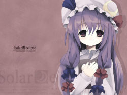 Rule 34 | 1girl, book, bow, coat, crescent, dress, female focus, front ponytail, hair bow, hands on own chest, hat, highres, long hair, looking at viewer, own hands together, patchouli knowledge, purple background, purple dress, purple eyes, shiro (octet), solo, standing, touhou, very long hair