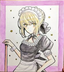 Rule 34 | 1girl, apron, artoria pendragon (all), artoria pendragon (fate), black bow, black dress, black neckwear, blonde hair, blush, bow, bowtie, braid, broom, closed mouth, commentary request, detached collar, dress, fate/stay night, fate (series), frills, hair bow, hair bun, hand on own hip, highres, holding, holding broom, looking at viewer, maid, maid apron, maid headdress, neck ribbon, official alternate costume, photo (medium), puffy short sleeves, puffy sleeves, ribbon, saber alter, short hair, short sleeves, single hair bun, solo, star (symbol), tanaji, traditional media, upper body, yellow eyes