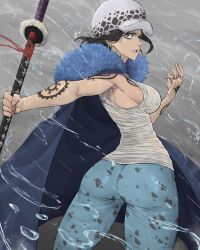 Rule 34 | 1girl, absurdres, arm tattoo, ass, ass focus, black hair, breast tattoo, breasts, cape, commentary, denim, earrings, english commentary, from behind, fur cape, fur hat, genderswap, genderswap (mtf), grey eyes, hand tattoo, hat, highres, holding, holding sheath, holding sword, holding weapon, jeans, jewelry, limn044, looking back, medium breasts, one piece, pants, sheath, short hair, shoulder tattoo, sideboob, solo, sword, tank top, tattoo, teeth, trafalgar law, water, weapon, wet, wet clothes, white tank top