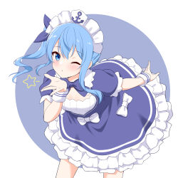 Rule 34 | 1girl, absurdres, anchor symbol, blowing kiss, blue bow, blue bowtie, blue dress, blue eyes, blue hair, blush, bow, bowtie, breasts, closed mouth, cosplay, dress, felutiahime, frilled dress, frills, hair bow, highres, hololive, hoshimachi suisei, looking at viewer, maid, maid headdress, medium hair, minato aqua, minato aqua (1st costume), minato aqua (cosplay), one eye closed, one side up, outstretched arm, short dress, short sleeves, small breasts, solo, star (symbol), star in eye, symbol in eye, virtual youtuber, white bow, wrist cuffs