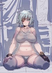 Rule 34 | 1girl, bare shoulders, blue eyes, bow (bhp), breasts, closed mouth, copyright request, eyepatch, gloves, grey hair, grey panties, large breasts, looking at viewer, navel, one eye covered, panties, sitting, sketch, solo, tank top, underwear