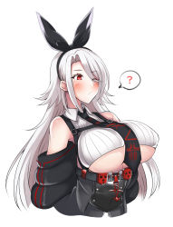 Rule 34 | 1girl, ?, anchor symbol, azur lane, bare shoulders, blush, bow, breasts, collared shirt, dain (bishop m), detached sleeves, hair bow, hair over one eye, large breasts, long hair, mole, mole under eye, necktie, one eye closed, prinz heinrich (azur lane), red eyes, shirt, simple background, sleeveless, sleeveless shirt, solo, speech bubble, underboob, very long hair, white background, white hair