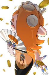Rule 34 | 1girl, absurdres, alternate color, alternate hair color, asymmetrical hair, bandages, black pants, blue skin, chest sarashi, coin, colored skin, commentary request, falling money, folding fan, grin, hachimaki, hair over one eye, hand fan, headband, highres, holding, holding fan, looking at viewer, medium hair, multicolored skin, navel, nejiri hachimaki, nintendo, octoling, one eye covered, orange hair, orange shawl, pants, parted bangs, parted lips, pointy ears, puchiman, red eyes, sarashi, shawl, shiver (splatoon), short eyebrows, signature, simple background, smile, solo, splatoon (series), splatoon 3, standing, stomach, suction cups, tentacle hair, white background