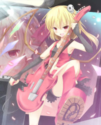 Rule 34 | 1girl, aibumi, alternate costume, bad id, bad pixiv id, blonde hair, boots, fang, female focus, flandre scarlet, guitar, highres, instrument, open mouth, pen-zin, red eyes, short hair, solo, touhou, wings