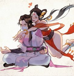 Rule 34 | 2girls, anklet, annoyed, barefoot, black hair, breasts, character request, chinese clothes, cleavage, closed eyes, copyright request, hug, hug from behind, jewelry, long hair, mask, meditation, mouth mask, multiple girls, pointy ears, seiza, sitting, velinxi
