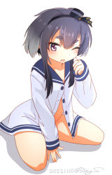 Rule 34 | 1girl, black hair, blue sailor collar, commentary request, dress, hat, kantai collection, looking at viewer, mini hat, no panties, one-hour drawing challenge, one eye closed, open clothes, open dress, purple eyes, ray.s, sailor collar, short hair, short hair with long locks, sidelocks, simple background, sitting, solo, thick eyebrows, tokitsukaze (kancolle), wariza, white background, white dress