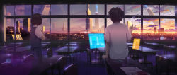 Rule 34 | 1boy, 1girl, building, cityscape, classroom, cloud, floating screen, from behind, highres, holographic monitor, isai shizuka, long image, megastructure, original, scenery, school, school uniform, science fiction, sky, skyscraper, sunset, wide image, window