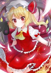 Rule 34 | 1girl, ascot, blonde hair, blush, closed mouth, commentary, crystal, doko ka no hosono, flandre scarlet, frilled shirt, frilled shirt collar, frilled skirt, frilled sleeves, frilled vest, frills, full body, hair between eyes, hat, hat ribbon, highres, laevatein, looking at viewer, medium hair, mob cap, one side up, puffy short sleeves, puffy sleeves, red eyes, red ribbon, red skirt, red vest, ribbon, shirt, short sleeves, skirt, smile, solo, split mouth, touhou, vest, white hat, white shirt, wings, yellow ascot