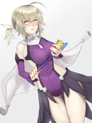 Rule 34 | 1girl, absurdres, ahoge, aito, alternate costume, bare legs, bare shoulders, black skirt, blonde hair, blush, breasts, cape, commentary request, cosplay, detached sleeves, fate/grand order, fate (series), grey background, hair ornament, highres, holding, holding staff, jeanne d&#039;arc (fate), jeanne d&#039;arc alter (avenger) (fate), jeanne d&#039;arc alter (fate), large breasts, leotard, looking at viewer, magical girl, miyu edelfelt, miyu edelfelt (cosplay), navel, ponytail, purple leotard, short hair, simple background, skirt, solo, staff, white cape, yellow eyes