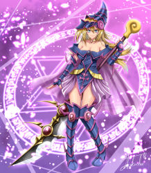Rule 34 | 1girl, bare shoulders, blonde hair, blush, boots, breasts, cape, cleavage, closed mouth, collarbone, commentary request, dark magician girl, dark paladin, detached sleeves, fingerless gloves, frilled skirt, frills, full body, fusion, gloves, glowing, gold choker, green eyes, hair between eyes, hat, highres, holding, holding weapon, knee boots, knees together feet apart, large breasts, large hat, legs, long hair, magic, magical girl, magician, off shoulder, pink background, pink cape, signature, skirt, smile, solo, sparkle, standing, takecha, thigh boots, thighhighs, weapon, yu-gi-oh!, yu-gi-oh! duel monsters
