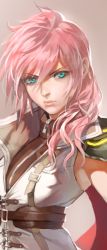Rule 34 | 1girl, belt, blue eyes, closed mouth, commentary request, final fantasy, final fantasy xiii, grey background, hair between eyes, jacket, korean commentary, lightning farron, looking at viewer, pink hair, simple background, sleeveless, solo, upper body, yd (orange maru)