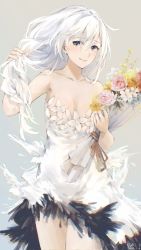 Rule 34 | 1girl, 2021, absurdres, blush, bouquet, breasts, cleavage, closed mouth, collarbone, cowboy shot, dated, dress, floating hair, flower, grey background, grey eyes, hair between eyes, highres, holding, holding bouquet, holding own hair, honkai (series), honkai impact 3rd, kallen kaslana, long hair, looking at viewer, medium breasts, orange ribbon, pink flower, revealing clothes, ribbon, rose, short dress, signature, silver hair, sleeveless, sleeveless dress, smile, solo, standing, strapless, strapless dress, swkl:d, very long hair, white dress, white flower, yellow flower, yellow rose