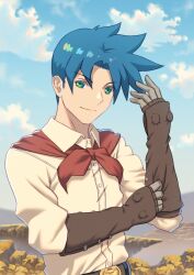 Rule 34 | 1boy, ashley winchester, belt, blue eyes, blue hair, brown gloves, closed mouth, cloud, dark blue hair, fateline alpha, gloves, looking at viewer, male focus, parted bangs, red scarf, scarf, shirt, smile, solo, spiked hair, upper body, white shirt, wild arms, wild arms 2
