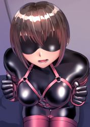 Rule 34 | 1girl, blindfold, blush, bodysuit, brown eyes, brown hair, clenched hand, from above, hair between eyes, harness, highres, kilye kairi, latex, latex bodysuit, legs together, looking at viewer, looking up, open mouth, original, short hair, skin tight, solo