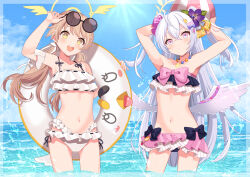 Rule 34 | 2girls, :o, absurdres, adjusting eyewear, armpits, arms up, azusa (blue archive), azusa (swimsuit) (blue archive), ball, bare shoulders, beachball, bead necklace, beads, bikini, bikini skirt, blonde hair, blue archive, blue sky, blush, bow, bow bikini, cloud, cloudy sky, collarbone, eyewear on head, feathered wings, flower, food-themed hair ornament, frilled bikini top, hair bow, hair flower, hair ornament, hairclip, halo, hifumi (blue archive), hifumi (swimsuit) (blue archive), highres, hinota (hkgskd), holding, holding ball, holding swim ring, innertube, jewelry, light rays, looking at viewer, low twintails, low wings, midriff, multiple girls, navel, necklace, ocean, official alternate costume, official alternate hairstyle, open mouth, orange hair ornament, orange print, outdoors, parted lips, pink bow, pink eyes, print innertube, purple bow, round eyewear, side-tie bikini bottom, sky, smile, stomach, sunbeam, sunglasses, sunlight, swim ring, swimsuit, teeth, twintails, two side up, upper teeth only, watermelon hair ornament, white bikini, white hair, white wings, wing hair ornament, winged halo, wings, yellow bow, yellow eyes, yellow halo