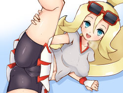 Rule 34 | 1girl, arm support, bike shorts, blonde hair, blue eyes, blush, breasts, breath, cameltoe, chro (rulurullu), collarbone, covered erect nipples, creatures (company), eyewear on head, fingerless gloves, game freak, glasses, gloves, grey shirt, gym leader, high ponytail, highres, korrina (pokemon), leg up, long hair, looking at viewer, lying, navel, nintendo, on side, open mouth, pokemon, pokemon (anime), puffy nipples, shirt, simple background, skirt, solo, spread legs, sunglasses, sweat, two side up, very long hair