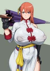 Rule 34 | 1girl, black panties, blue eyes, breasts, covered erect nipples, curvy, frown, gintama, gloves, hand on own hip, highres, huge breasts, huge nipples, japanese clothes, kagura (gintama), kunaboto, long hair, looking at viewer, orange hair, panties, serious, simple background, solo, standing, thick thighs, thighs, tight clothes, tsundere, umbrella, underwear, wide hips