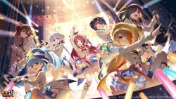 Rule 34 | 6+girls, benghuai xueyuan, black hair, blonde hair, blue eyes, blue hair, character request, copyright name, crossover, dancing, highres, holding, holding glowstick, holding microphone, honkai (series), idol, logo, long hair, microphone, multiple girls, music, official art, red eyes, red hair, school uniform, second-party source, singing, white hair, yellow eyes, zombie land saga