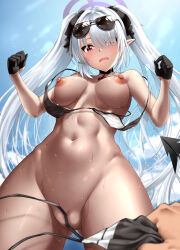 Rule 34 | 1girl, akizuki akina, assisted exposure, bikini, bikini pull, black bikini, black gloves, blue archive, blush, breasts, choker, clothes pull, commentary request, convenient censoring, dark-skinned female, dark skin, demon tail, embarrassed, eyewear on head, gloves, gluteal fold, grey hair, hair over one eye, halo, iori (blue archive), iori (swimsuit) (blue archive), long hair, looking at viewer, medium breasts, navel, nipples, official alternate costume, open mouth, partially visible vulva, pointy ears, pulling another&#039;s clothes, red eyes, revision, simple background, string bikini, sunglasses, swimsuit, tail, twintails, undressing, untied bikini, very long hair, wardrobe malfunction, white background