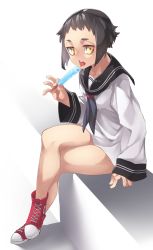 Rule 34 | 1girl, absurdres, black sailor collar, blue neckerchief, converse, copyright request, crossed legs, food, highres, holding, long sleeves, looking at viewer, neckerchief, open mouth, popsicle, red footwear, reiga (act000), sailor collar, school uniform, serafuku, shirt, shoes, short hair, sitting, sneakers, solo, tongue, tongue out, white shirt, yellow eyes