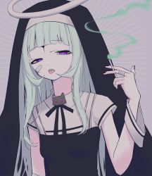 Rule 34 | 1girl, absurdres, bandaged fingers, bandages, bandaid, bandaid on face, black dress, black nails, black ribbon, blunt bangs, breasts, cigarette, commentary request, dress, habit, halo, highres, hikap, holding, holding cigarette, hololive, kamippoina (vocaloid), long hair, looking at viewer, murasaki shion, nail polish, neck ribbon, nun, open mouth, purple eyes, ribbon, shiokko (murasaki shion), short sleeves, silver hair, small breasts, smoke, solo, thighhighs, tongue, veil, virtual youtuber, vocaloid