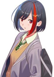 Rule 34 | 1girl, bag, bang dream!, black hair, blazer, bob cut, collared shirt, commentary request, green necktie, grey jacket, haneoka school uniform, highres, jacket, long sleeves, looking at viewer, mitake ran, multicolored hair, necktie, open mouth, poligon (046), red eyes, red hair, school bag, school uniform, shirt, short hair, simple background, solo, streaked hair, striped necktie, striped neckwear, sweater vest, white background, white shirt