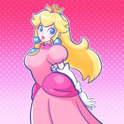 Rule 34 | 1girl, absurdres, arms behind back, black outline, blonde hair, blue eyes, blue gemstone, breasts, brooch, crown, derivative work, dotted background, dress, earrings, elbow gloves, eyelashes, gem, gloves, gradient background, highres, jewelry, large breasts, long hair, looking at viewer, lumadraws, mario (series), mario party, mario party 10, nintendo, outline, parted lips, pink background, pink dress, pink lips, princess, princess peach, puckered lips, puffy short sleeves, puffy sleeves, short sleeves, solo, sphere earrings, standing, thick lips, white gloves, white outline