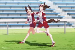 Rule 34 | 2girls, animal ears, bleachers, blurry, blurry background, breasts, brown hair, clenched teeth, dated, green eyes, grin, hand on another&#039;s back, high heels, horse ears, horse girl, horse tail, ines fujin (umamusume), jacket, long sleeves, mejiro ryan (umamusume), multicolored hair, multiple girls, open clothes, open jacket, outdoors, red jacket, red shorts, running, shadow, shirt, shoes, short hair, shorts, side ponytail, small breasts, smile, sneakers, tail, takuzui, teeth, tracen training uniform, twitter username, two-tone hair, umamusume, visor cap, white shirt