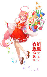 Rule 34 | 1girl, 2020, absurdres, ahoge, blue flower, blush, china dress, chinese clothes, chinese zodiac, commentary request, copyright request, daffodil, detached sleeves, dress, flower, full body, hair flower, hair ornament, hand fan, highres, holding, hydrangea, lily (flower), long hair, looking at viewer, low-tied long hair, new year, pink flower, purple hair, red dress, red ribbon, ribbon, solo, tabi, translation request, very long hair, w-t, white background, white sleeves, year of the rat, yellow flower