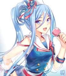 Rule 34 | 10s, 1girl, :d, alternate costume, aoki hagane no arpeggio, bare shoulders, blue eyes, blue hair, long hair, looking at viewer, luzi, matching hair/eyes, microphone, mole, mole under mouth, open mouth, school uniform, see-through, serafuku, simple background, sketch, smile, solo, takao (aoki hagane no arpeggio), tsurime, upper body, white background