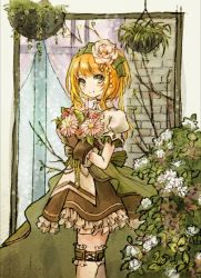 Rule 34 | 1girl, apron, back bow, blush, bouquet, bow, brick wall, brown gloves, brown skirt, bush, cowboy shot, flower, frilled gloves, frilled skirt, frills, from side, gloves, green eyes, green skirt, hair flower, hair ornament, hair ribbon, haruna konomi, high-low skirt, holding, holding bouquet, kym, layered skirt, looking at viewer, magia record: mahou shoujo madoka magica gaiden, magical girl, mahou shoujo madoka magica, miniskirt, multicolored hair, no nose, orange hair, pink flower, plant, potted plant, puffy short sleeves, puffy sleeves, ribbon, short hair, short sleeves, skirt, smile, solo, streaked hair, striped ribbon, swept bangs, white apron, white flower, window
