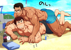 Rule 34 | 2boys, abs, absurdres, applying sunscreen, ass, bara, bare pectorals, beach, black hair, black male swimwear, blue male swimwear, blush, bottle, bulge, bulge to ass, chabashira tatsukichi, dark-skinned male, dark skin, day, facial hair, full body, glasses, goatee, highres, huge filesize, imminent anal, imminent penetration, interracial, large pectorals, long sideburns, lotion, lying, male focus, male swimwear, mature male, multiple boys, muscular, muscular male, ocean, on person, on stomach, original, pectoral press, pectorals, sand, sexually suggestive, short hair, sideburns, smile, stomach, stubble, sunlight, sunscreen, sweat, swim briefs, thick thighs, thighs, towel, translation request, yaoi