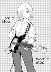 Rule 34 | 1girl, akiosketch, breast pocket, closed mouth, collared shirt, commentary, contrapposto, cowboy shot, ear piercing, earrings, electric guitar, english commentary, english text, greyscale, guitar, hair over one eye, highres, holding, holding instrument, instrument, jewelry, looking at viewer, monochrome, one eye covered, original, pants, piercing, plectrum, pocket, shirt, short hair, sleeves rolled up, solo, standing, wing collar