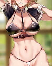 Rule 34 | 1girl, :d, arms up, belt buckle, between breasts, bikini, black bikini, blonde hair, blurry, blurry background, blush, breasts, buckle, cleavage, depth of field, detached sleeves, foxyreine, frilled sleeves, frills, grin, head out of frame, large breasts, micro bikini, mismatched bikini, navel, neck garter, o-ring, open mouth, original, parted lips, partially visible vulva, puffy short sleeves, puffy sleeves, short hair, short sleeves, smile, solo, stomach, swimsuit, thong bikini, toned, underboob, underbust, upper body, white bikini