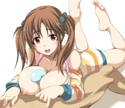 Rule 34 | 10s, 1boy, 1girl, :d, ass, bare legs, bare shoulders, barefoot, blush, breasts, brown eyes, brown hair, collarbone, condom, detached sleeves, gengoroh, hair ornament, hair scrunchie, hetero, idolmaster, idolmaster cinderella girls, large breasts, legs up, long sleeves, looking at viewer, lying, nipples, on stomach, open mouth, paizuri, parted bangs, puffy long sleeves, puffy nipples, puffy sleeves, scrunchie, shirt, sidelocks, smile, solo focus, striped clothes, striped shirt, totoki airi, twintails