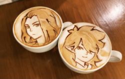 Rule 34 | 2boys, chiffon643shii, coffee, fengxi (the legend of luoxiaohei), food, food art, hair over one eye, highres, latte art, long hair, multiple boys, pointy ears, portrait, smile, luo xiaohei zhanji, unconventional media, wuxian (the legend of luoxiaohei)