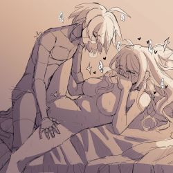 Rule 34 | 1boy, 1girl, ahoge, android, antenna hair, blush, breasts, closed eyes, covering own mouth, danganronpa (series), danganronpa v3: killing harmony, from side, hand over own mouth, heart, highres, iruma miu, k1-b0, large breasts, long hair, lying, mishmasz, missionary, nipples, nude, on back, open mouth, penis, profile, protected link, sex, short hair, sketch, sweat, vaginal
