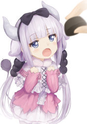 Rule 34 | 10s, 1girl, beads, black bow, black hairband, blue eyes, blunt bangs, bow, candy, capelet, dragon girl, dragon horns, dragon tail, dress, food, hair beads, hair bow, hair ornament, hairband, highres, horns, hyouta (yoneya), kanna kamui, kobayashi-san chi no maidragon, long hair, long sleeves, looking at viewer, open mouth, out of frame, silver hair, simple background, solo focus, standing, tail, twintails, white background, white legwear
