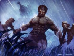 Rule 34 | 2boys, abs, anato finnstark, artist name, axe, berserk, commentary, english commentary, glowing, glowing eyes, grass, highres, holding, holding axe, holding weapon, horse, horseback riding, looking at viewer, male focus, multiple boys, muscular, muscular male, on grass, outdoors, rain, red eyes, riding, short hair, skeleton, skull knight (berserk), spiked hair, topless, topless male, veins, weapon, zodd (berserk)