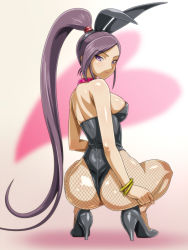 Rule 34 | 1girl, animal ears, ass, black footwear, black leotard, bracelet, breasts, dragon quest, dragon quest xi, fake animal ears, fishnet pantyhose, fishnets, from behind, high heels, jewelry, large breasts, leotard, long hair, looking at viewer, looking back, martina (dq11), monteriakitto, pantyhose, playboy bunny, ponytail, purple eyes, purple hair, rabbit ears, shoes, solo, squatting, strapless, strapless leotard