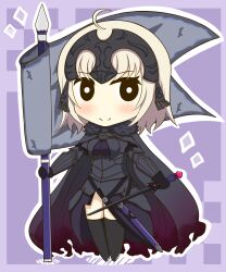 Rule 34 | 1girl, absurdres, ahoge, armor, armored dress, black cloak, black dress, black gloves, black thighhighs, blush, breasts, chibi, cloak, closed mouth, commentary request, dress, fate/grand order, fate (series), flag, full body, fur-trimmed cloak, fur trim, gloves, headpiece, highres, holding, holding flag, jeanne d&#039;arc alter (avenger) (fate), jeanne d&#039;arc alter (fate), light brown hair, medium breasts, outline, purple background, sheath, smile, solo, sparkle, standing, thighhighs, white outline, yuya090602