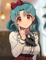 Rule 34 | 1girl, blurry, blurry background, blush, bow hairband, breasts, center frills, collar, finger to cheek, frilled collar, frills, green hair, hairband, idolmaster, idolmaster million live!, indoors, kamille (vcx68), long sleeves, looking at viewer, medium breasts, neck ribbon, ribbon, smile, solo, tokugawa matsuri, upper body