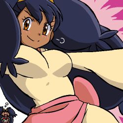 Rule 34 | 1girl, puff of air, alternate breast size, big hair, blush, breasts, brown eyes, closed mouth, creatures (company), dark skin, female focus, game freak, gomatarou (pixiv196136), hair ornament, happy, imagining, iris (pokemon), jaggy lines, large breasts, long sleeves, lowres, multiple views, nintendo, open mouth, pink background, poke ball symbol, pokemon, pokemon bw, purple hair, shirt, smile