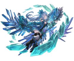 Rule 34 | 10s, 1girl, bare shoulders, black thighhighs, blue dress, blue eyes, blunt bangs, crystal, detached sleeves, dress, elbow gloves, erin (granblue fantasy), full body, gloves, granblue fantasy, hair ornament, long hair, looking at viewer, minaba hideo, pointy ears, silver hair, solo, thighhighs, transparent background