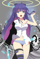 Rule 34 | 10s, 1girl, angel, blue eyes, bow, bow panties, bra, breasts, cleavage, colored inner hair, dress shirt, evers, halo, jacket, lingerie, long hair, multicolored hair, open mouth, panties, panty &amp; stocking with garterbelt, shirt, single thighhigh, solo, stocking (psg), strap slip, striped clothes, striped panties, striped thighhighs, sword, thighhighs, torn clothes, torn thighhighs, two-tone hair, underwear, very long hair, weapon