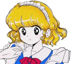 Rule 34 | 1980s (style), bad id, bad twitter id, black eyes, blonde hair, blue dress, bow, bowtie, collared dress, commentary request, dress, maid, maid headdress, mugetsu (touhou), oldschool, portrait, puffy short sleeves, puffy sleeves, red bow, red bowtie, retro artstyle, short hair, short sleeves, simple background, takemoto izumi (style), touhou, touhou (pc-98), white background, yatyou