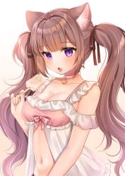 Rule 34 | 1girl, animal ears, babydoll, bare shoulders, breasts, brown hair, cat ears, choker, cleavage, collarbone, fang, food, frills, gradient background, hair ribbon, hand up, highres, holding, katsushika pachi, lingerie, long hair, looking at viewer, medium breasts, navel, open mouth, original, pink choker, popsicle, purple eyes, ribbon, sidelocks, solo, stomach, tongue, tongue out, twintails, underwear, underwear only, upper body, wavy hair