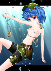 Rule 34 | 1girl, bad id, bad pixiv id, belt, bike shorts, bikini, bikini top only, blue eyes, blue hair, bubble, cropped legs, female focus, hair bobbles, hair ornament, hat, holster, hullzion, kawashiro nitori, key, looking at viewer, matching hair/eyes, screwdriver, short hair, shorts, solo, swimsuit, thigh holster, thigh strap, touhou, twintails, two side up, underwater, utility belt, wrench